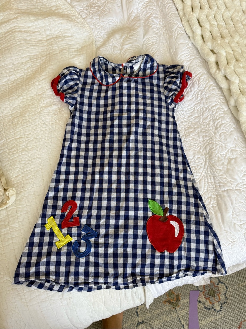 Navy Gingham Appliqué Shift Dress with Red Apple Detail